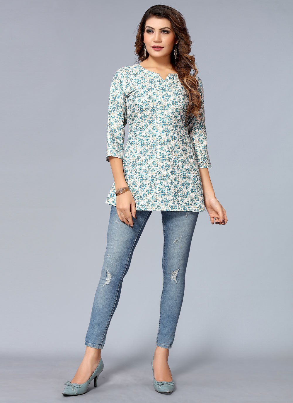 Party Wear Kurti Rayon Sea Green Print Kurtis