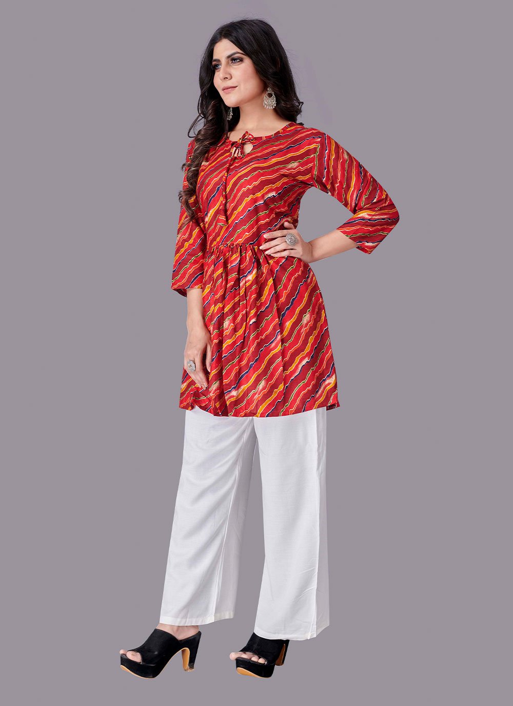 Casual Kurti Rayon Red Foil Print Kurtis