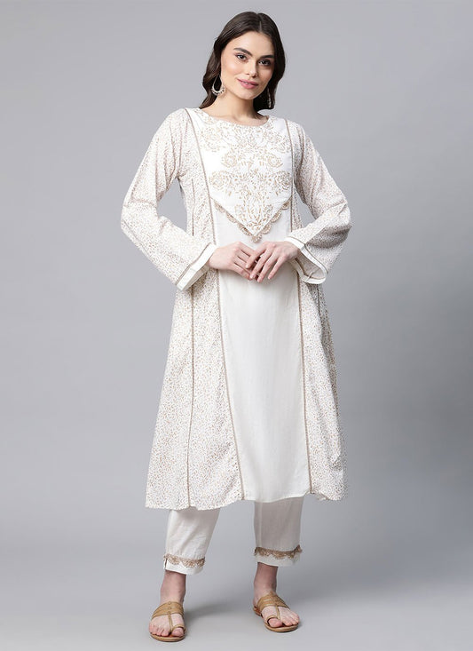 Party Wear Kurti Cotton White Print Kurtis