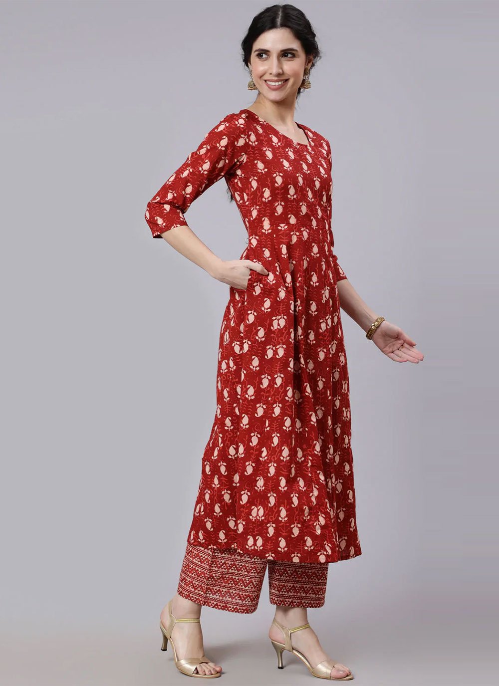 Palazzo Salwar Suit Cotton Red Print Salwar Kameez