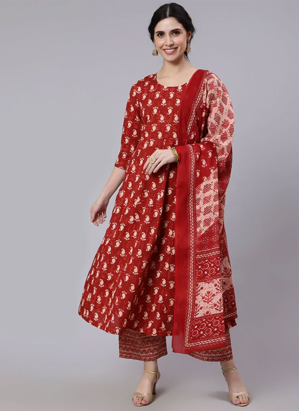 Palazzo Salwar Suit Cotton Red Print Salwar Kameez