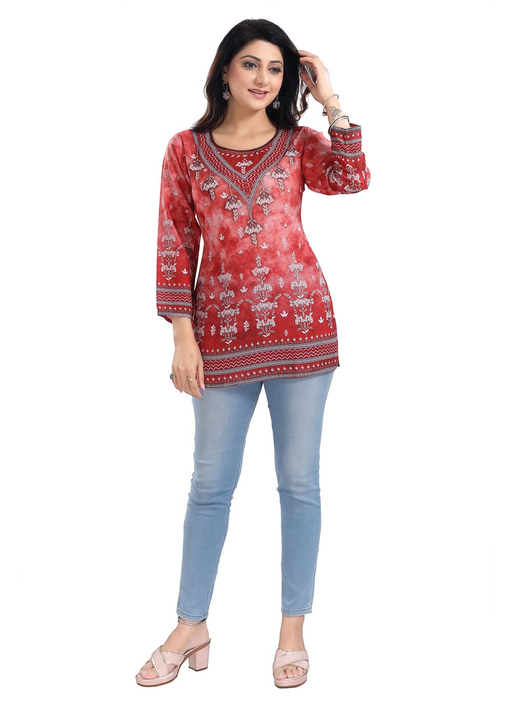 Designer Kurti Faux Crepe Red Print Kurtis