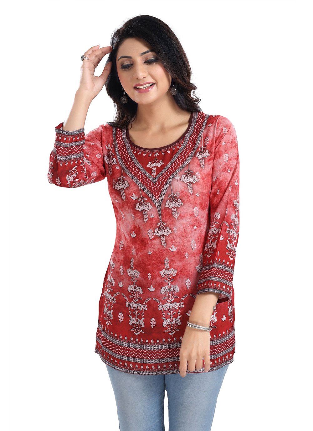 Designer Kurti Faux Crepe Red Print Kurtis