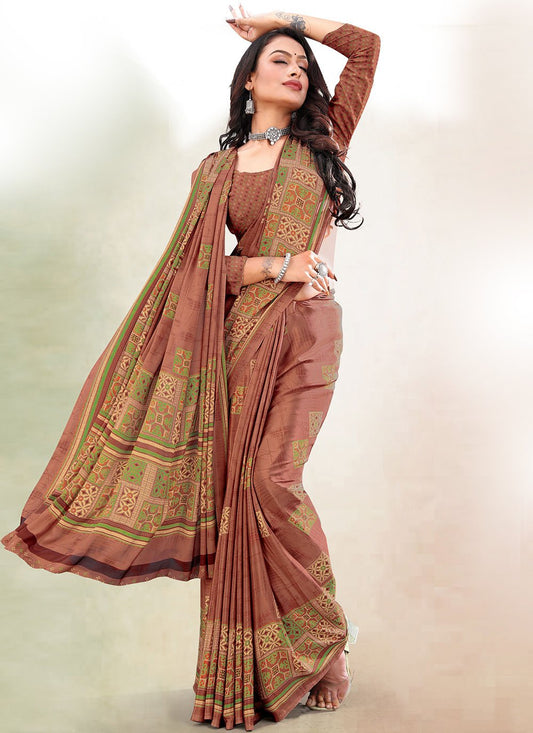 Classic Faux Crepe Rust Print Saree