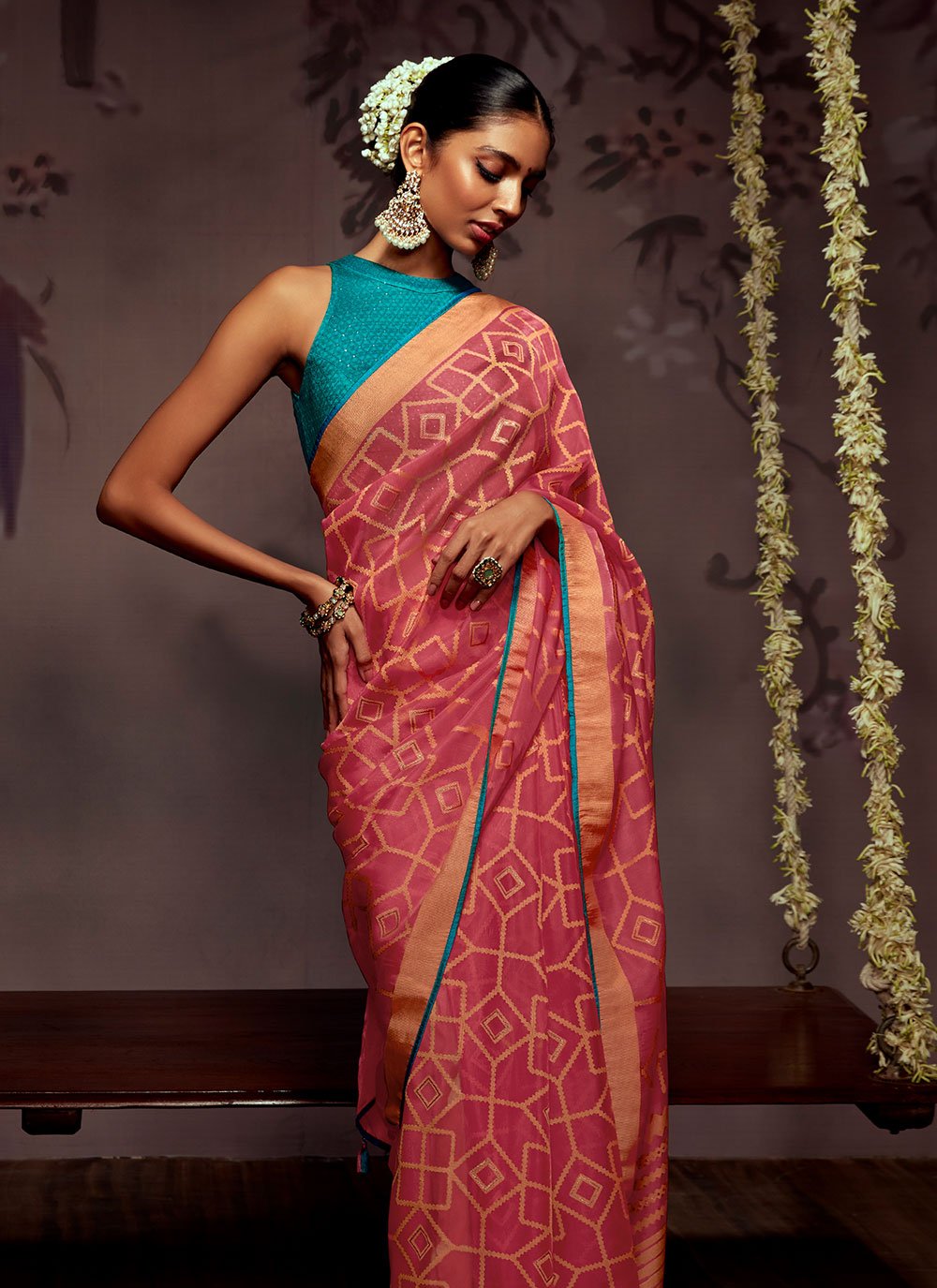 Contemporary Brasso Pink Print Saree