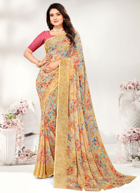 Classic Georgette Yellow Print Saree