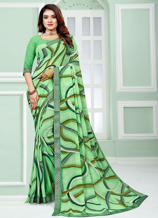 Classic Faux Georgette Green Patch Border Saree