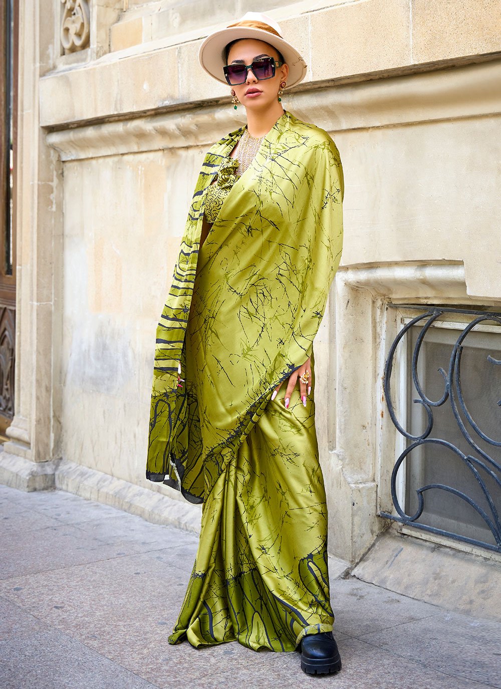 Contemporary Satin Green Print Saree