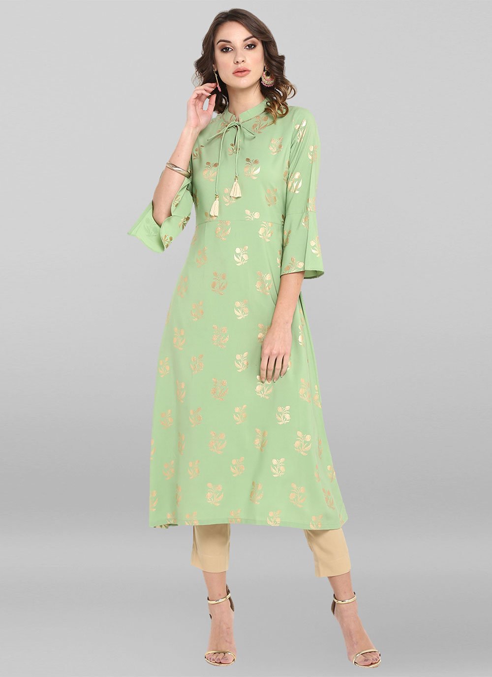 Party Wear Kurti Faux Crepe Sea Green Print Kurtis