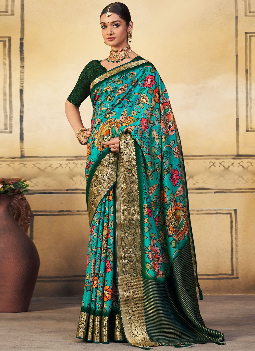 Classic Viscose Sea Green Patch Border Saree