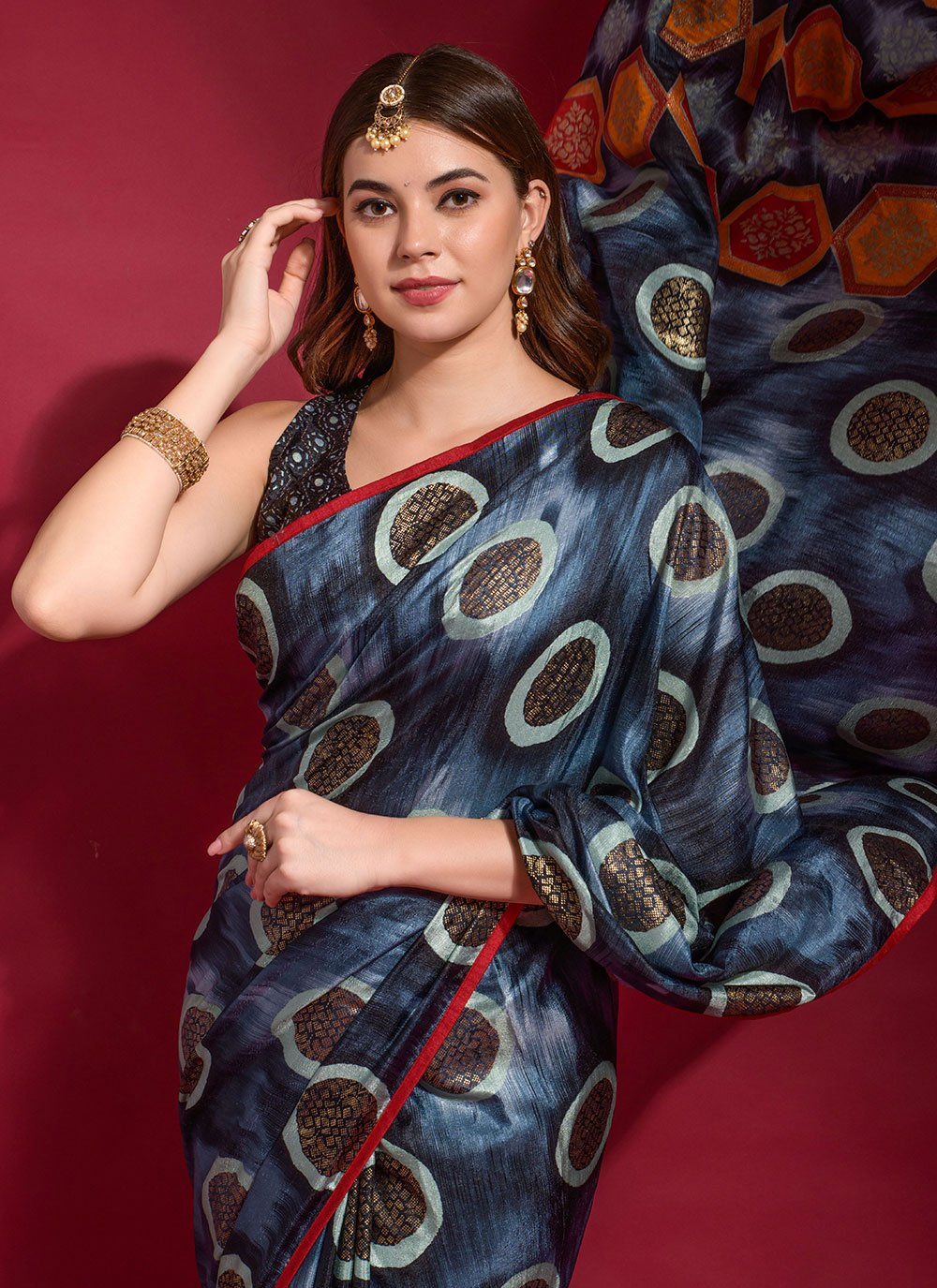 Contemporary Silk Blue Foil Print Saree