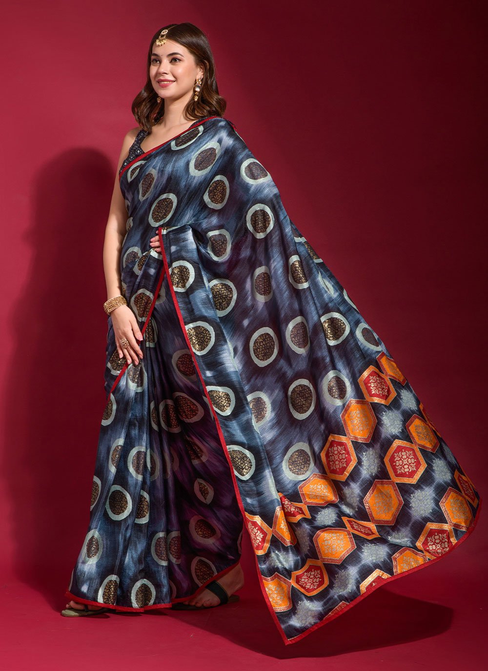 Contemporary Silk Blue Foil Print Saree