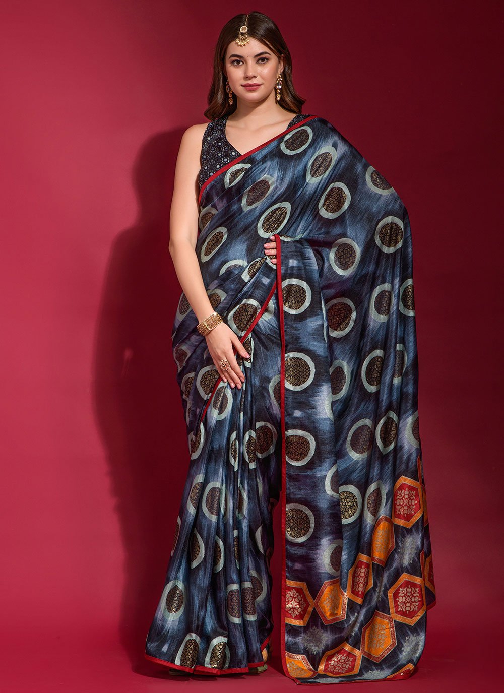 Contemporary Silk Blue Foil Print Saree