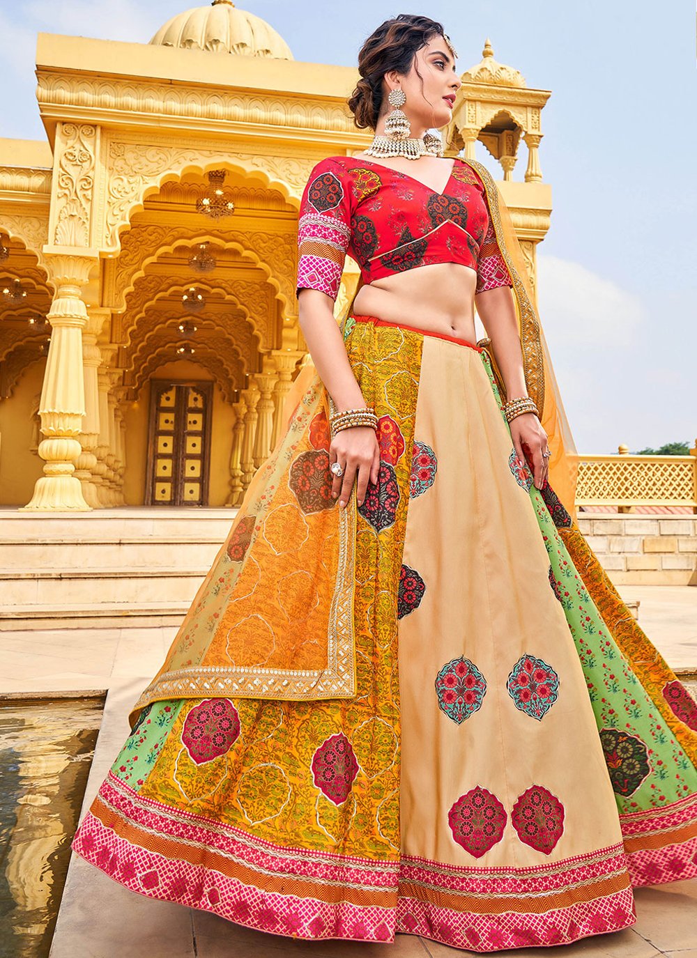 A Line Lehenga Silk Multi Colour Mirror Lehenga Choli