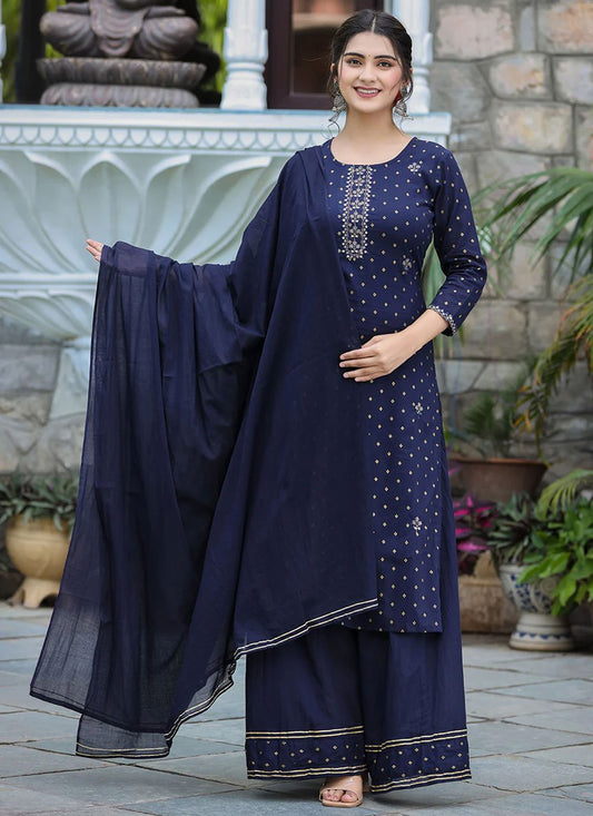 Straight Salwar Suit Cotton Blue Print Salwar Kameez