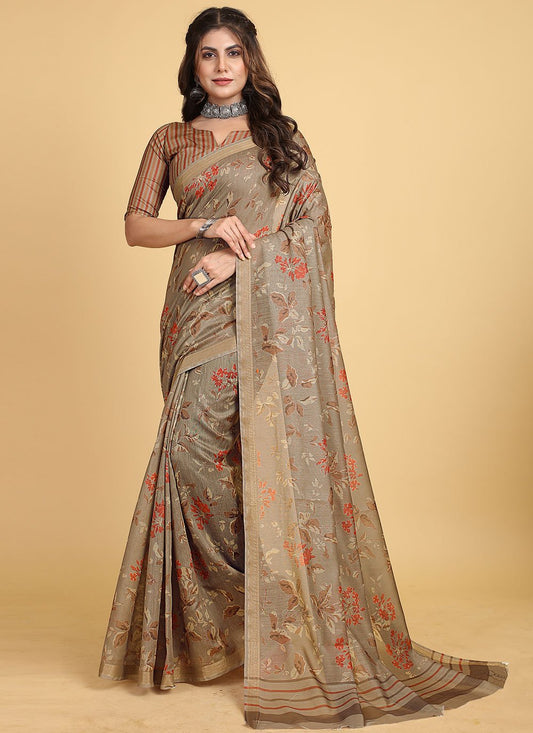 Traditional Saree Chanderi Cotton Beige Print Saree