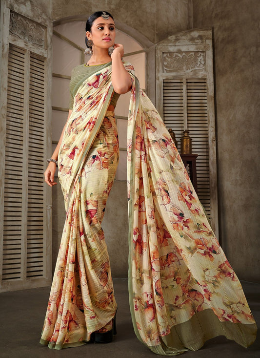 Trendy Saree Georgette Cream Print Saree