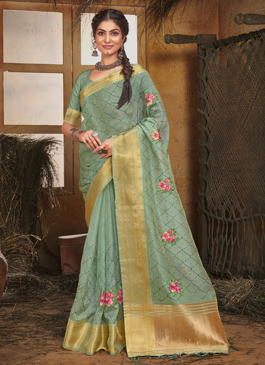 Trendy Saree Organza Green Fancy Work Saree