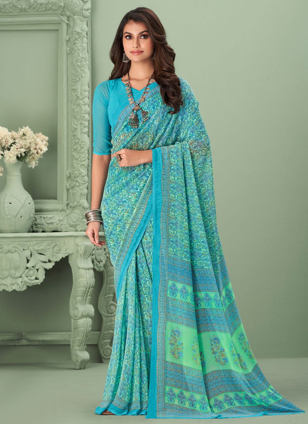 Trendy Saree Georgette Turquoise Print Saree