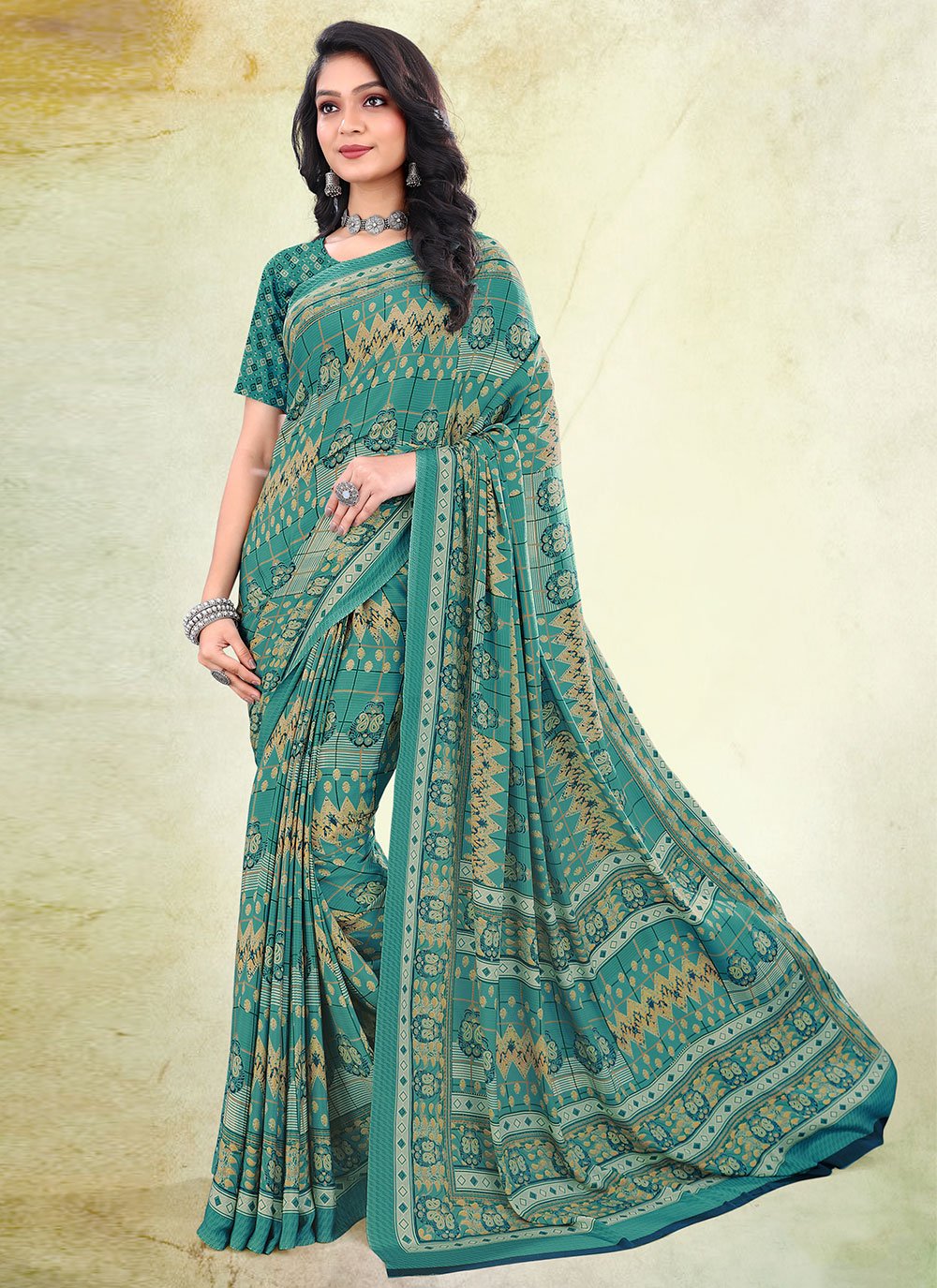 Classic Faux Crepe Turquoise Print Saree