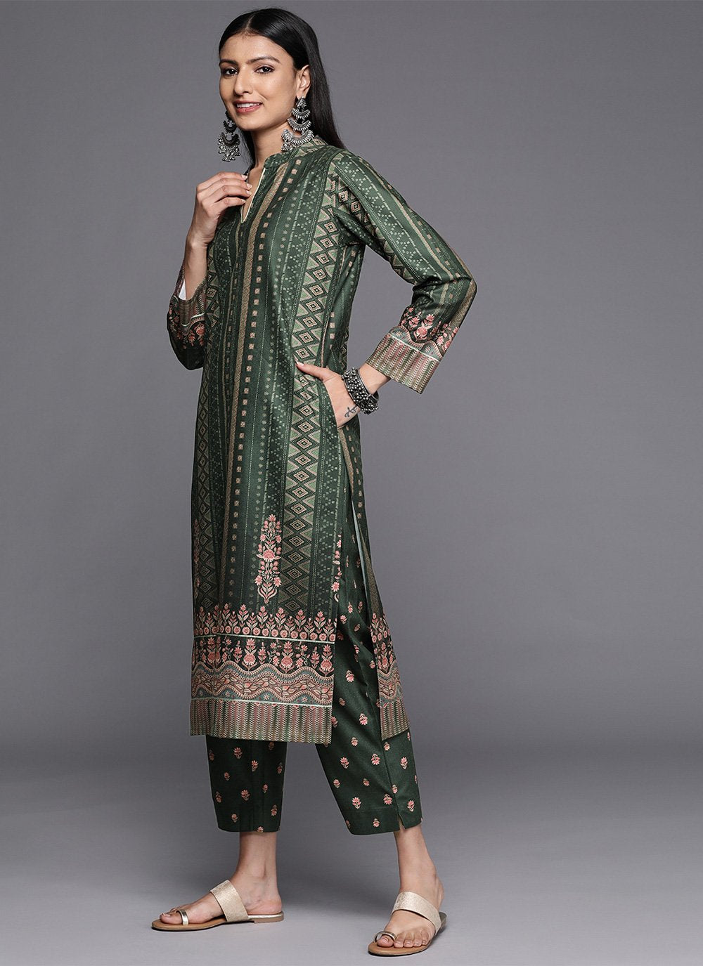 Designer Kurti Velvet Green Print Kurtis