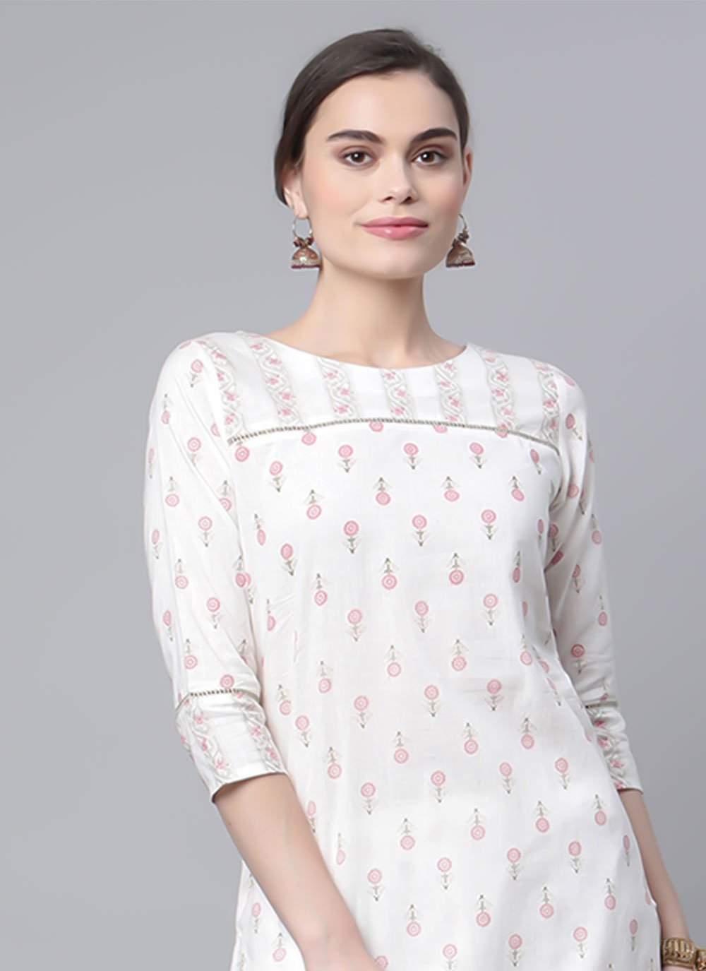 Designer Kurti Cotton White Print Kurtis