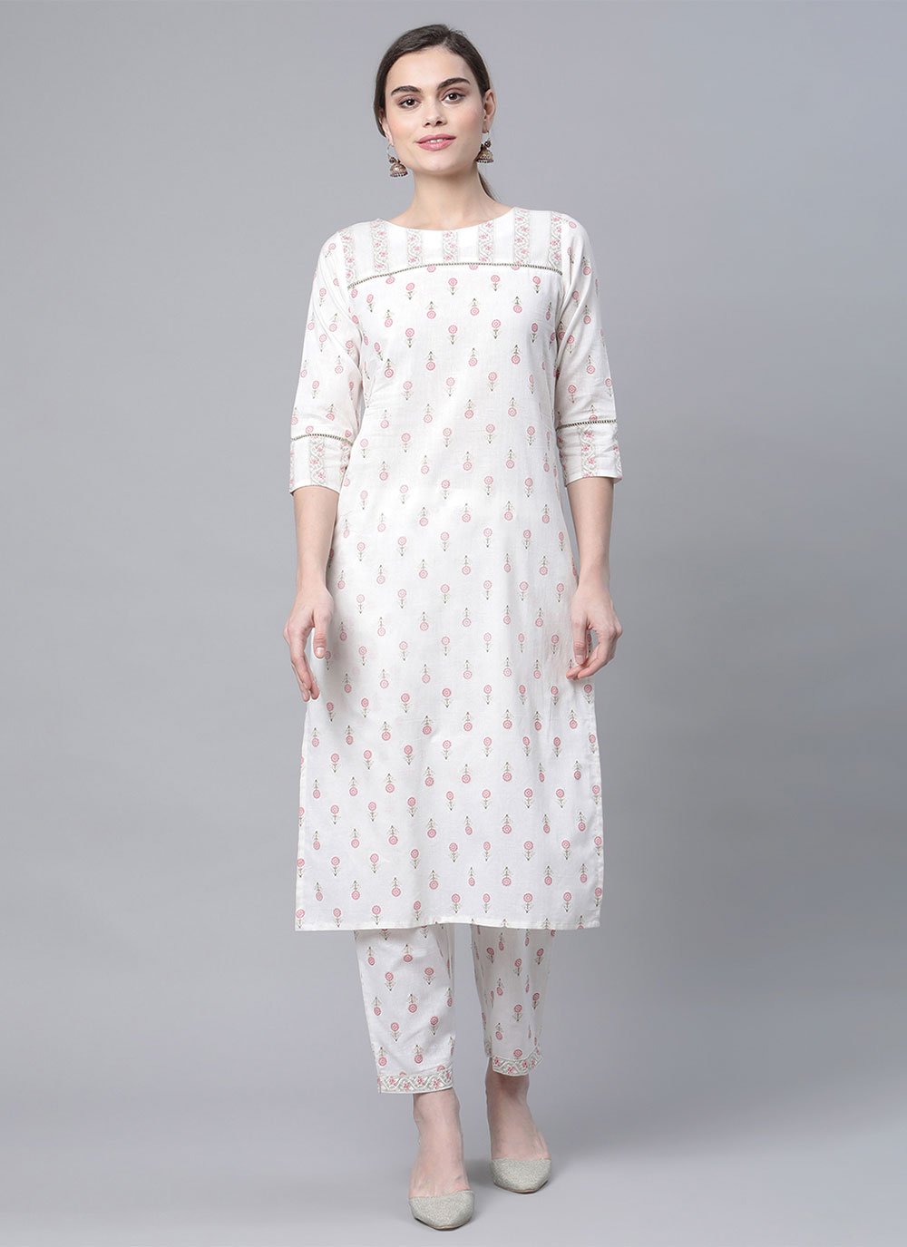 Designer Kurti Cotton White Print Kurtis