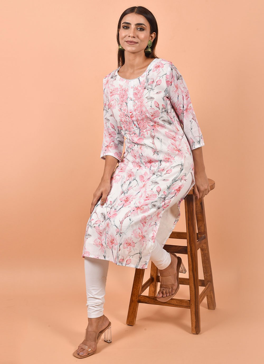 Party Wear Kurti Cotton White Print Kurtis