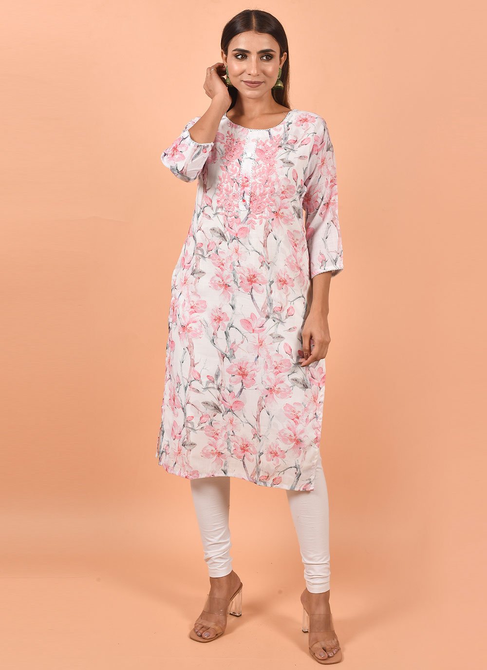 Party Wear Kurti Cotton White Print Kurtis