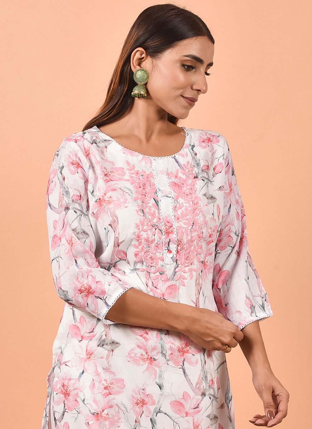 Party Wear Kurti Cotton White Print Kurtis