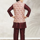 Kurta Payjama With Jacket Banarasi Silk Cream Maroon Print Kids