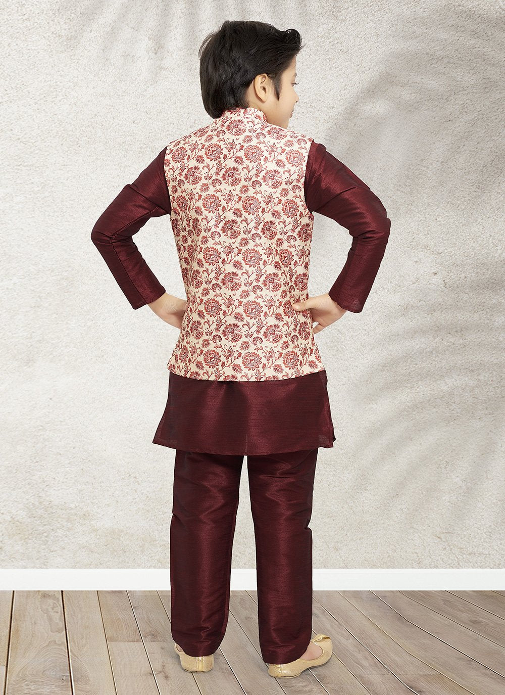 Kurta Payjama With Jacket Banarasi Silk Cream Maroon Print Kids