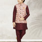 Kurta Payjama With Jacket Banarasi Silk Cream Maroon Print Kids