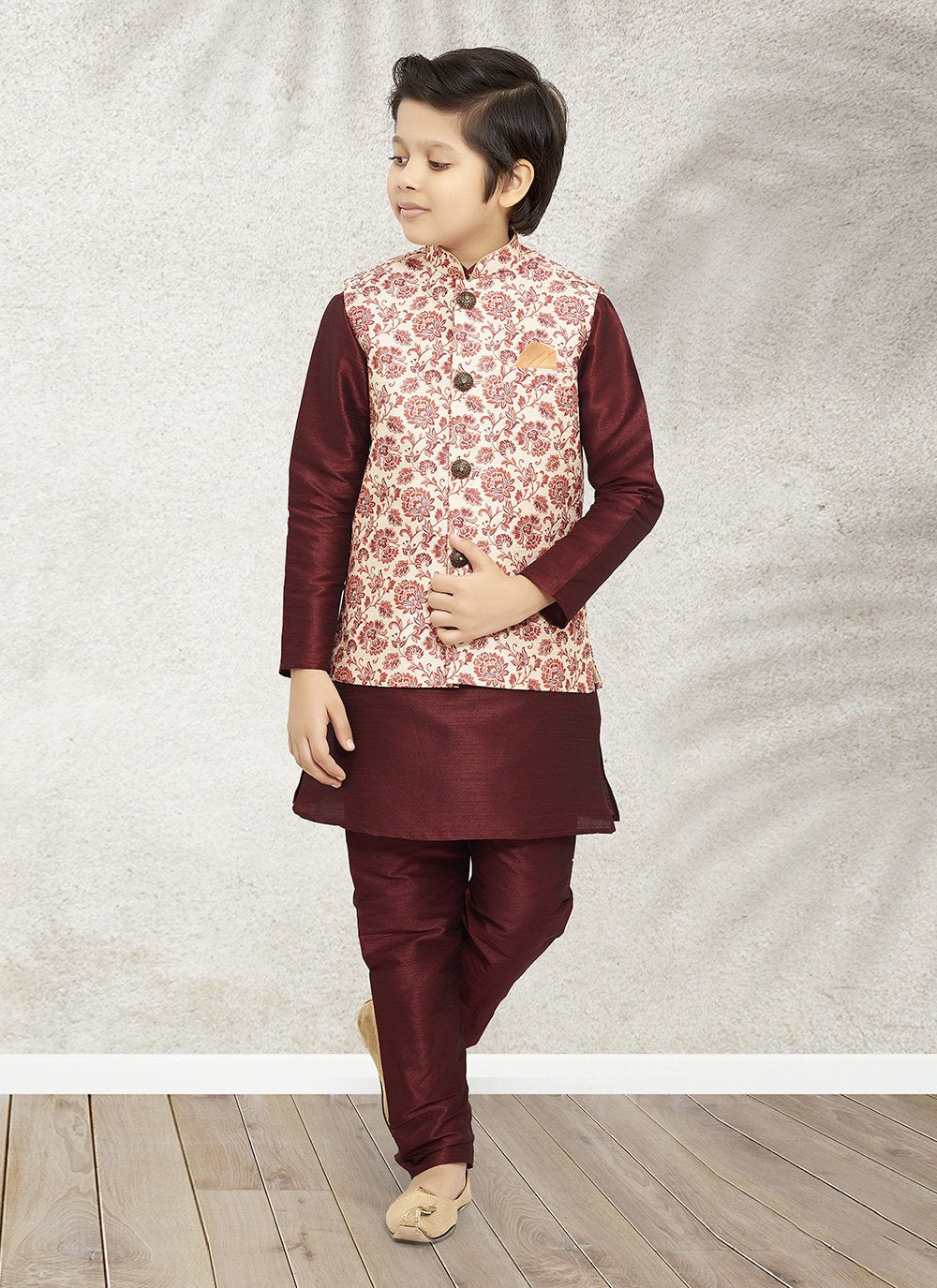 Kurta Payjama With Jacket Banarasi Silk Cream Maroon Print Kids