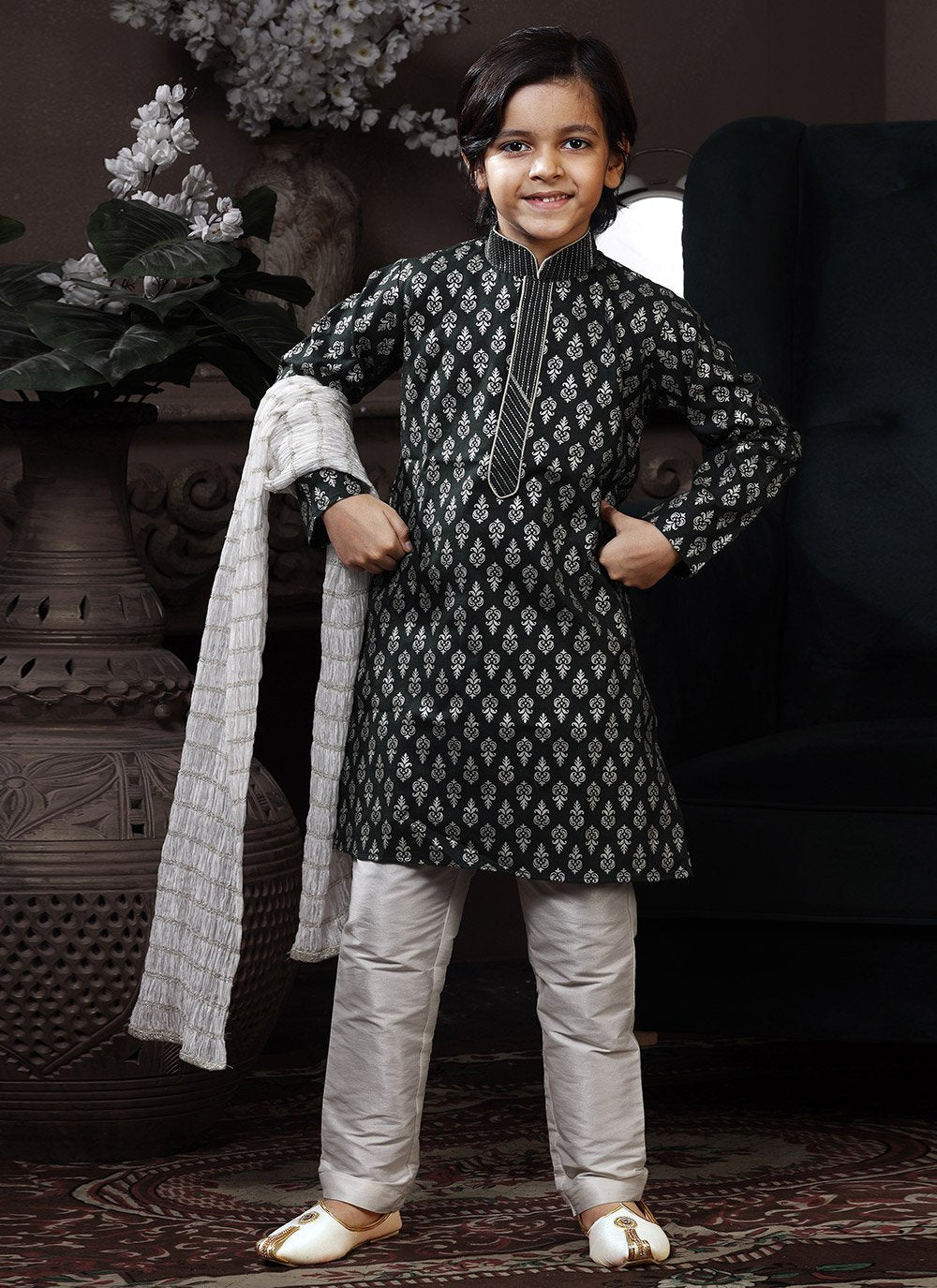 Kurta Pyjama Cotton Green Print Kids