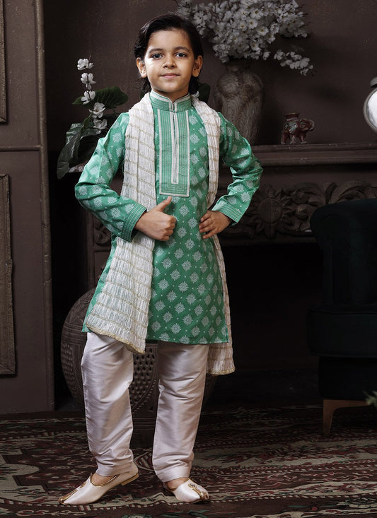 Kurta Pyjama Cotton Green Print Kids