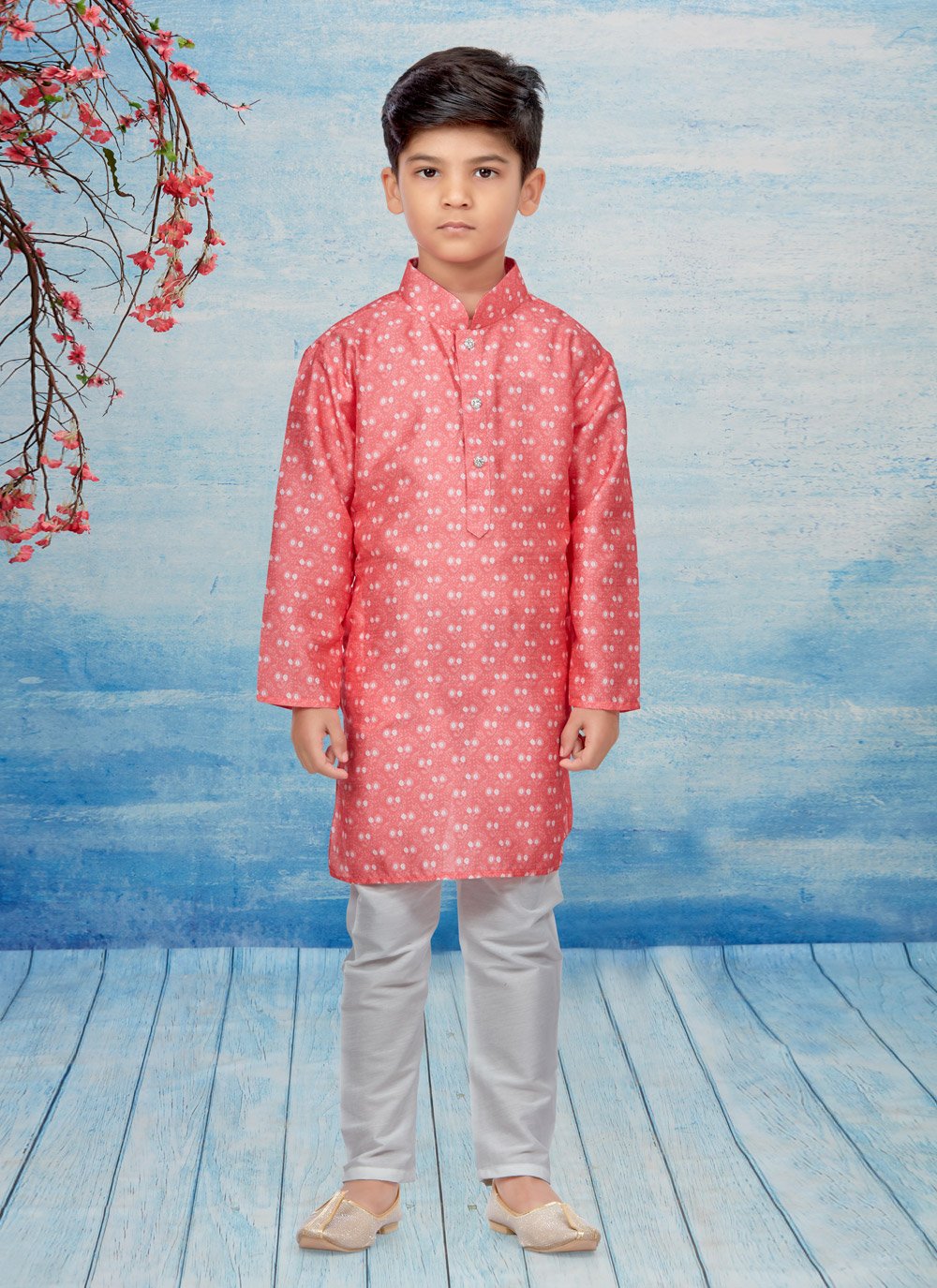 Kurta Pyjama Dupion Silk Red Print Kids