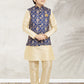 Kurta Payjama With Jacket Banarasi Silk Blue Cream Print Kids