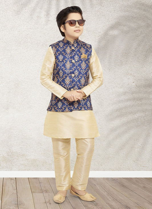 Kurta Payjama With Jacket Banarasi Silk Blue Cream Print Kids