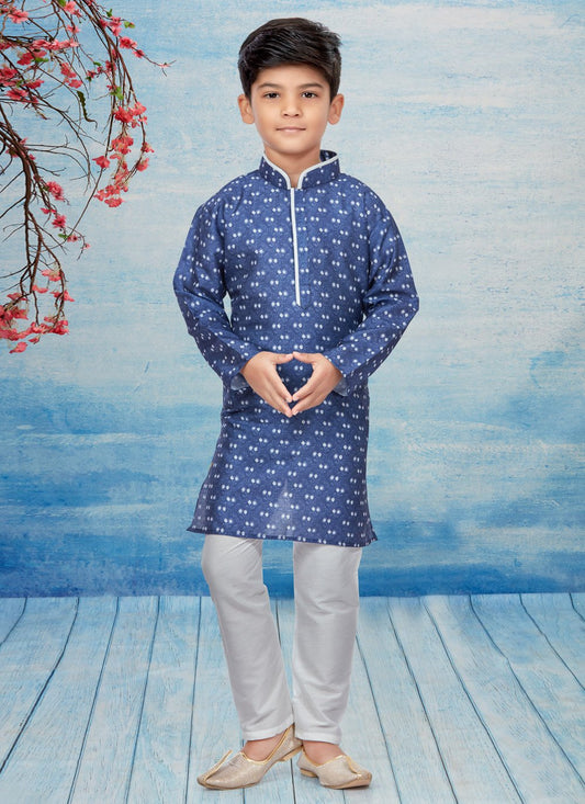 Kurta Pyjama Dupion Silk Blue Print Kids