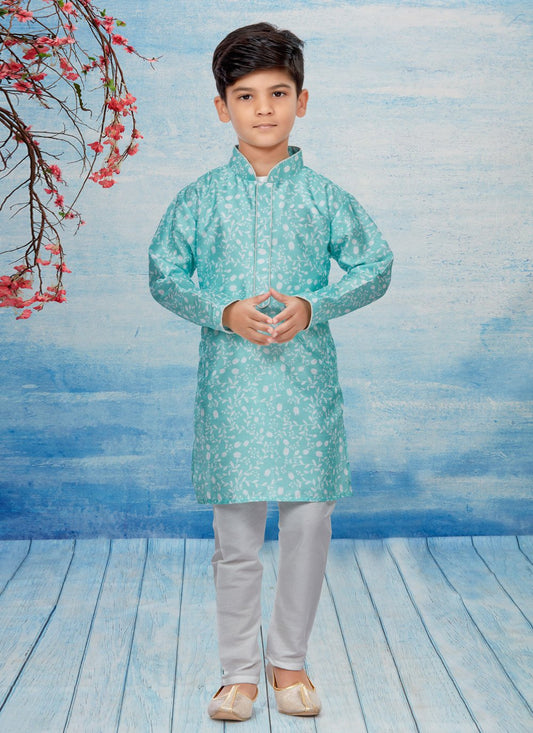 Kurta Pyjama Dupion Silk Sea Green Print Kids
