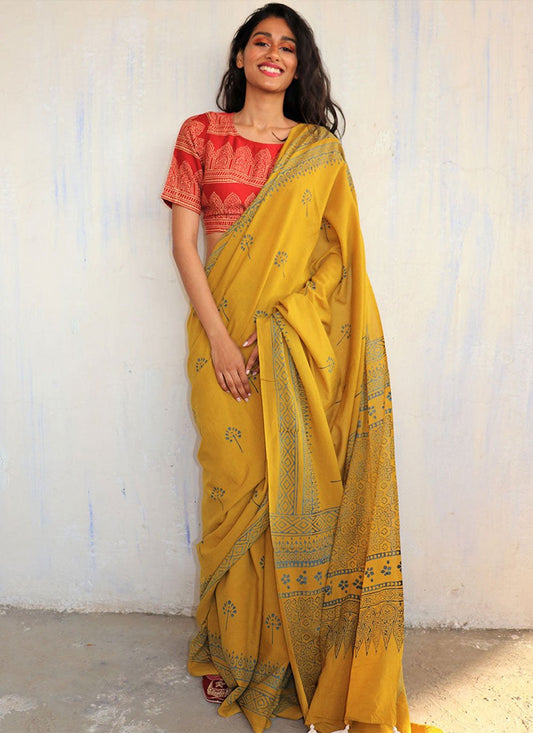 Contemporary Cotton Yellow Print Saree