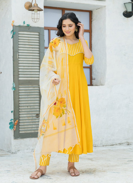 Pant Style Suit Rayon Yellow Lace Salwar Kameez