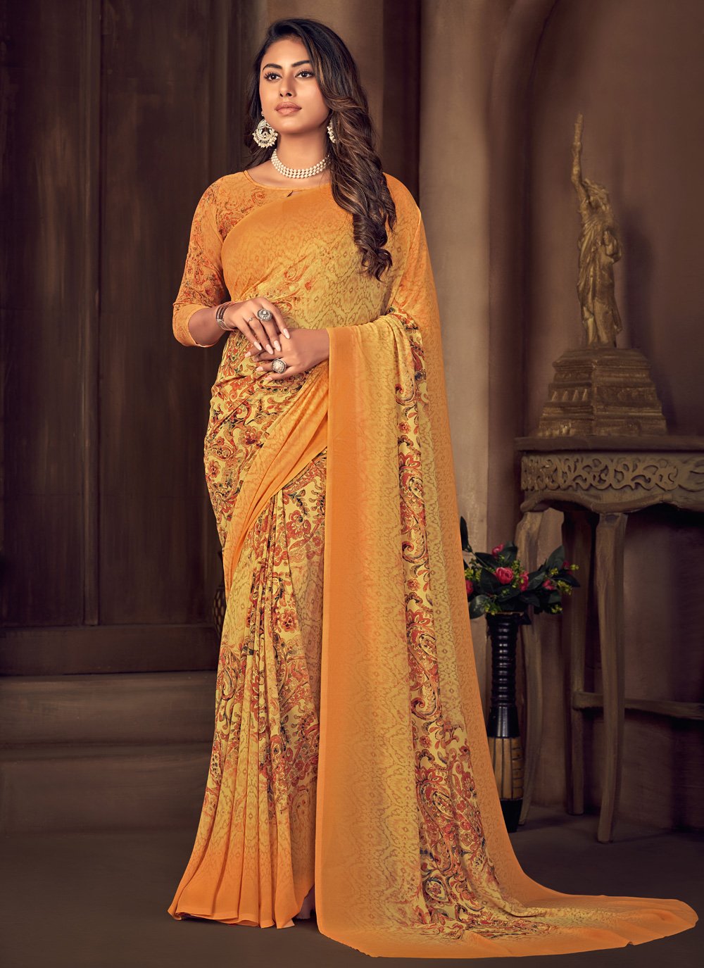 Trendy Saree Georgette Yellow Print Saree