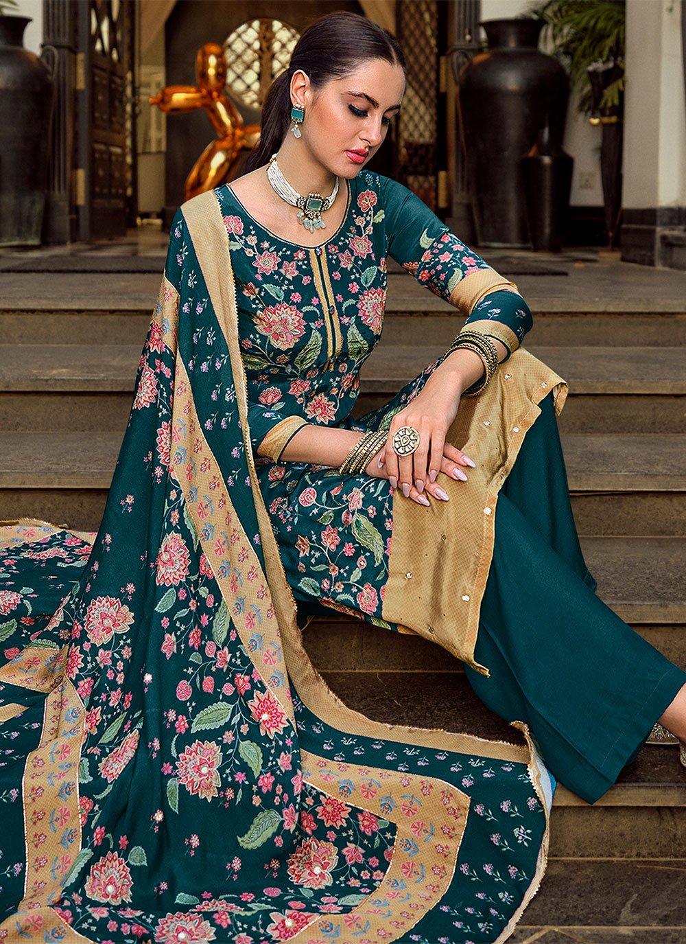 Salwar Suit Pure Crepe Teal Embroidered Salwar Kameez