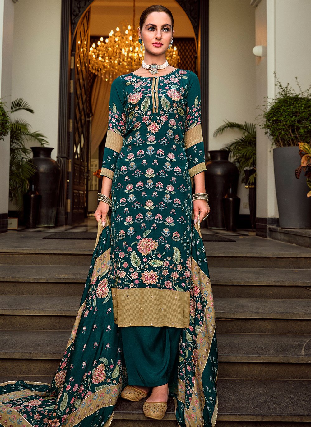 Salwar Suit Pure Crepe Teal Embroidered Salwar Kameez