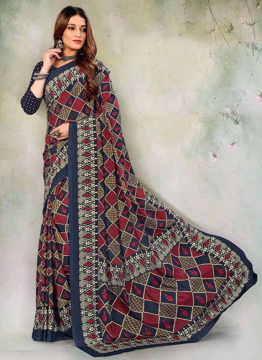 Designer Pure Crepe Blue Print Saree