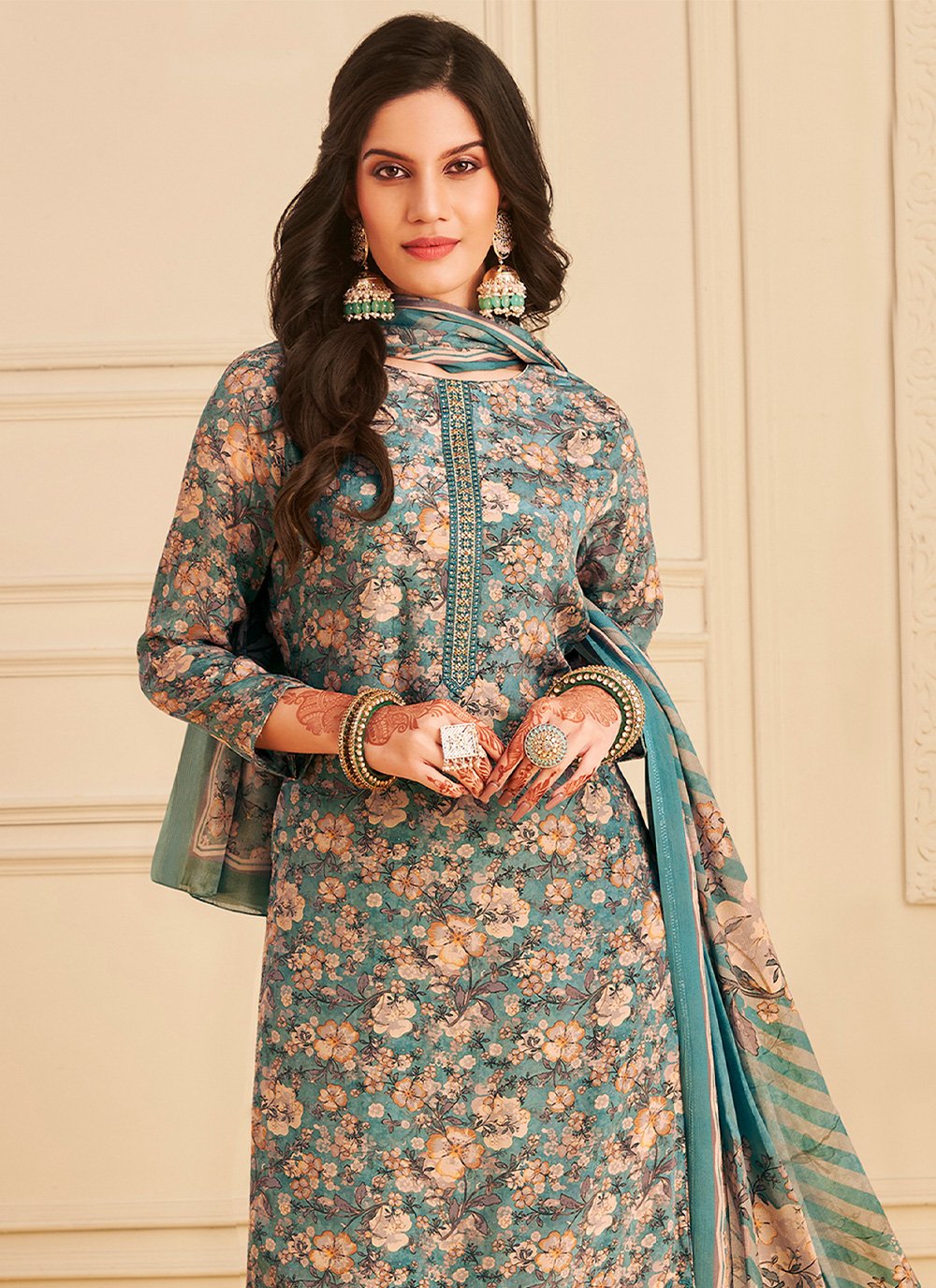 Salwar Suit Pure Crepe Blue Embroidered Salwar Kameez