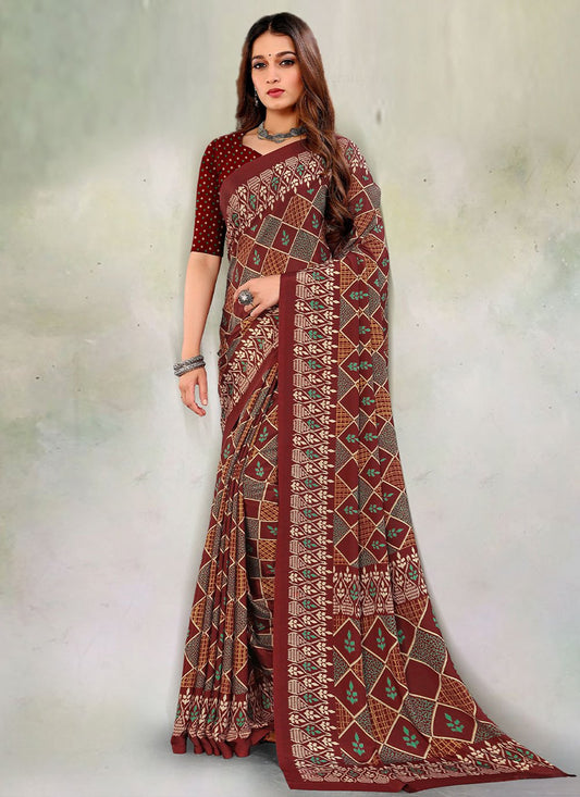 Contemporary Pure Crepe Maroon Print Saree