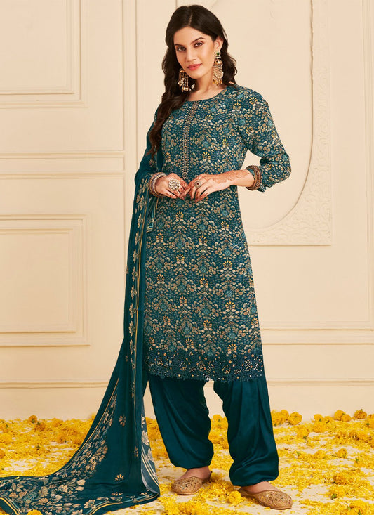 Punjabi Salwar Suit Pure Crepe Blue Embroidered Salwar Kameez